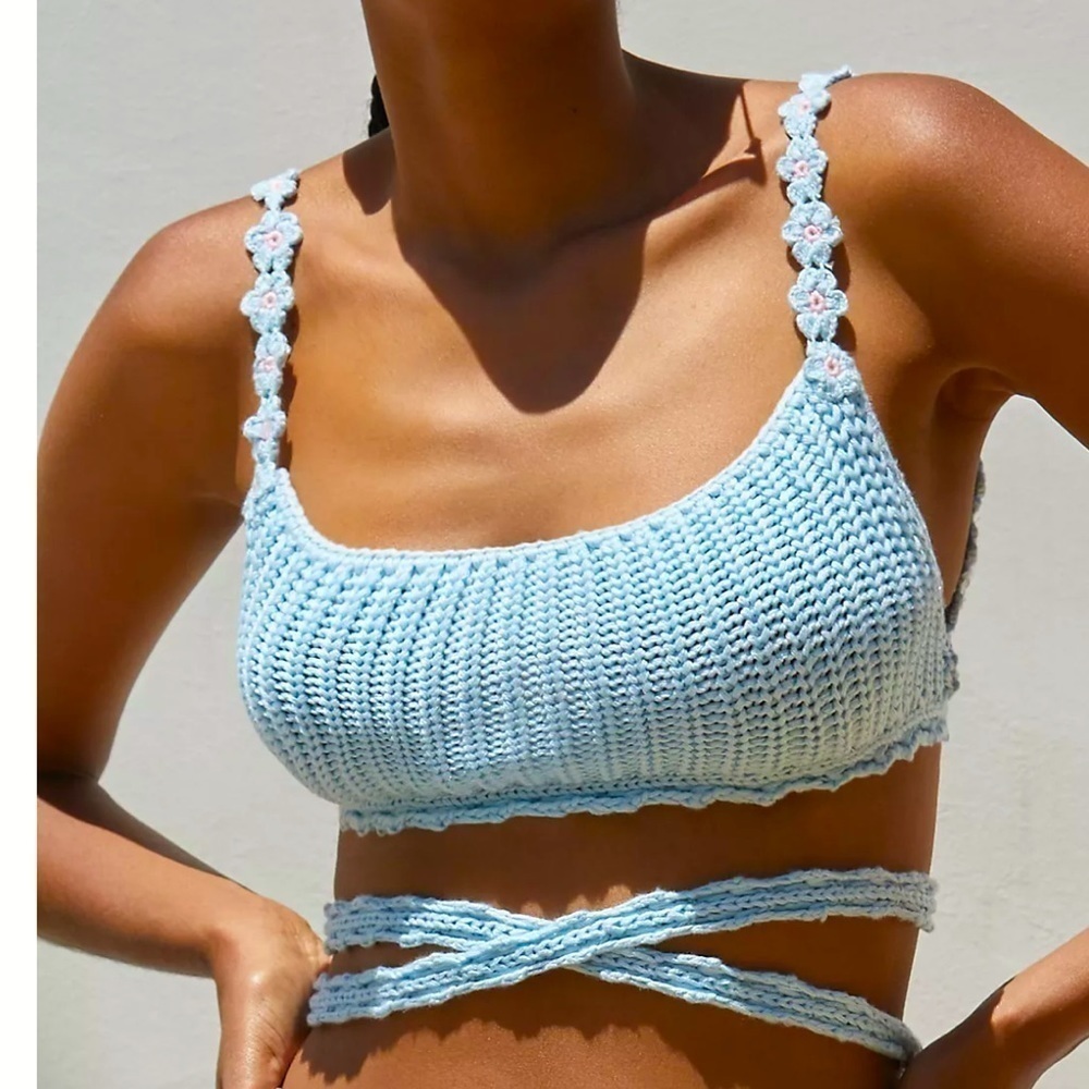 NWT Agua Bendita Albany Crop Top blue woven knit M beach summer spring boho
